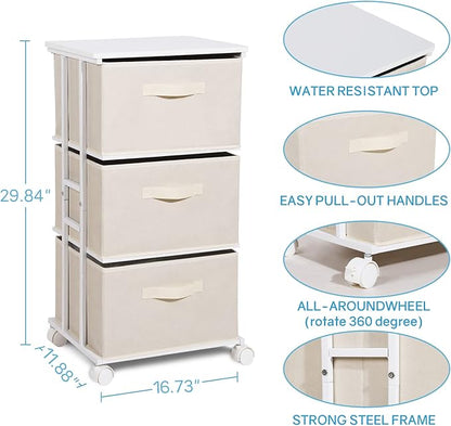 MAX Houser Dresser Tower with 3 Drawers for Bedroom, Fabric Storage Organizer Unit, Chest of Drawers with with WoodTop, Small Vertical Storage for Guest Room, Closet, Entryway(Beige)