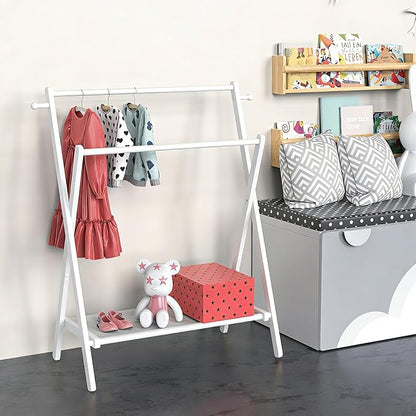 Kids Clothing Rack, Small Clothes Rack for Toddler Pets, Kids Dress Up Rack with Storage Shelf & Double Rods, Foldable Kids Clothes Rack for Nursery Child's Room (Regular Size - White)