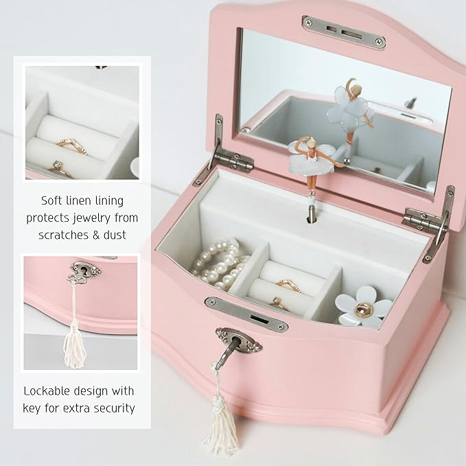 Wooden Musical Jewelry Box for girls with Mirror and Key Lock, Gift for Kids on Birthdays and Holidays (Pink, Small) (White, Medium)