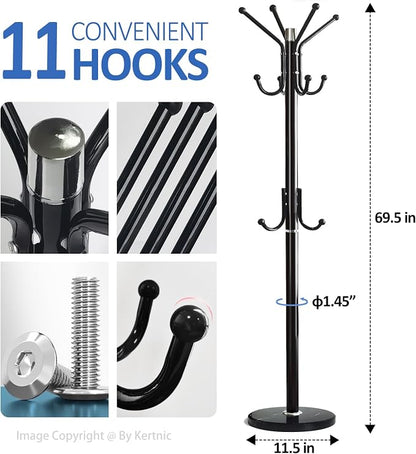 Kertnic Modern Coat Rack Freestanding with Natural Marble Base & Sturdy Metal Frame, 11 Hooks Hall Tree for Jackets, Hats, Bags, Entryway Organizer for Bedroom, Living Room, Closet (11 hooks-Black)