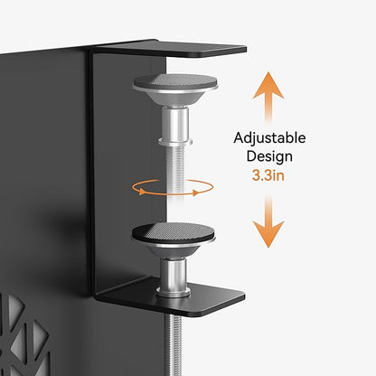 Desk Side Storage, Metal Laptop Holder with Magnetic Pen Box, Clamp-On Under Desk Organizer with Cooling Holes & Anti-Scratch Pads for Office and Home (Black)