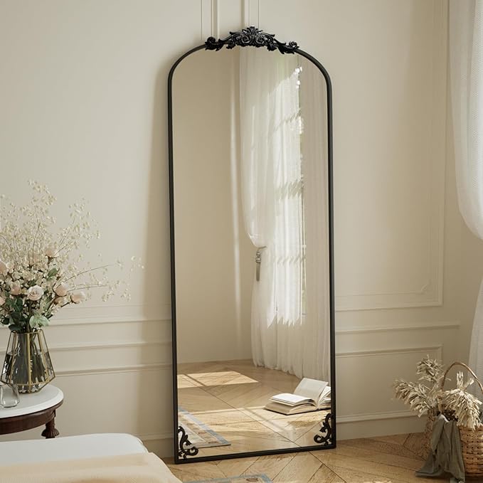 BEAUTYPEAK 65"x24" Arch Mirror Full Length, Traditional Vintage Ornate Baroque Mirror with Bottom Corner Pattern, Hanging or Leaning for Entryway/Bathroom/Fireplace/Bathroom, Black