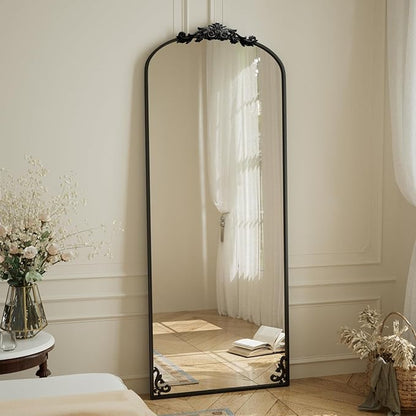 BEAUTYPEAK 65"x24" Arch Mirror Full Length, Traditional Vintage Ornate Baroque Mirror with Bottom Corner Pattern, Hanging or Leaning for Entryway/Bathroom/Fireplace/Bathroom, Black