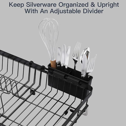 MAJALiS Dish Drying Rack Over The Sink with Utensil Holder, Mat | Expandable Stainless Steel Dish Drainer for Small Kitchen, Apartment, RV, Counter Space Saving, Perfect Fit, Rustproof