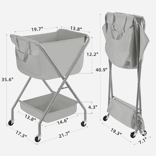 STORAGE MANIAC Collapsible Laundry Cart with Wheels 35.6"H Removable Canvas Bag Rolling Laundry Hamper Clothes Basket with Wheels, Sturdy Steel Frame Folding for Small Narrow Space Easy Storage, Grey