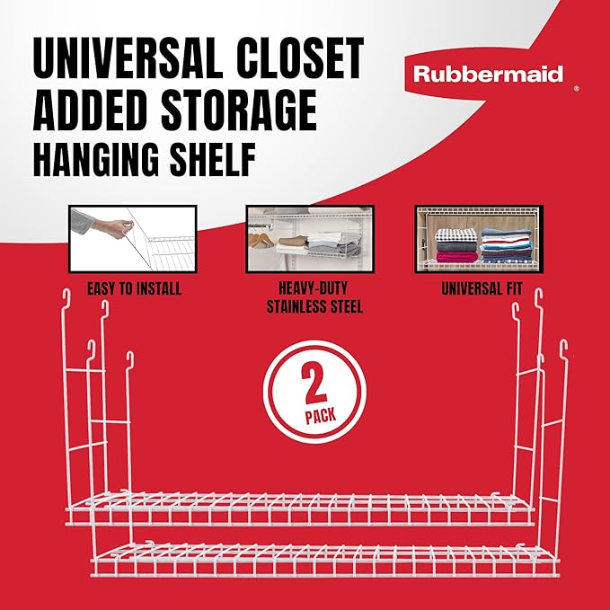 Rubbermaid Universal Closet Custom Wire Hanging Storage Shelf Durable Steel Clothes Rack Accessory Attachment, 24 Inch Long, 2 Pack, White