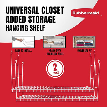 Rubbermaid Universal Closet Custom Wire Hanging Storage Shelf Durable Steel Clothes Rack Accessory Attachment, 24 Inch Long, 2 Pack, White