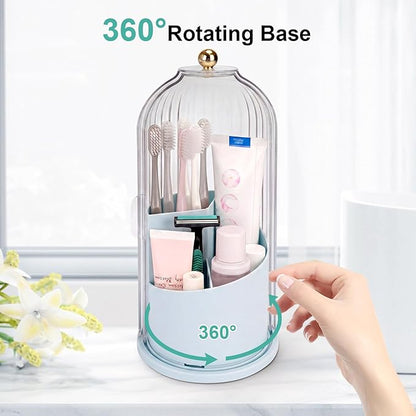 QIYVLOS Toothbrush Holders with Sliding Lid, Rotating 3 Slots Bathroom Organizer Countertop, Tooth Brush Toothpaste Holder Bathroom Counter Stand Sink Organizer Caddy for Makeup Brushes Holder (Blue)
