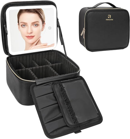 Relavel Travel Makeup Bag With LED Mirror, Cosmetic Train Case with Light up Mirror, Portable Makeup Artist Organizer Bag with Adjustable Dividers, Makeup Brush Holder Storage, Black