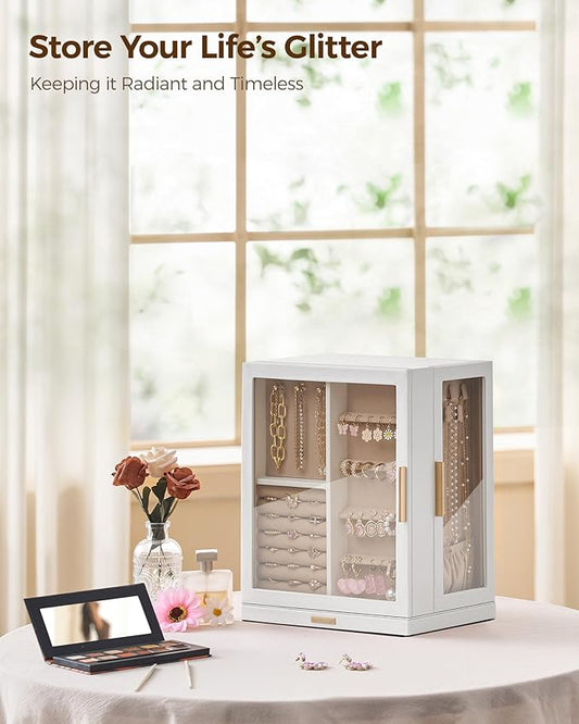 Glimmloop 360° Rotating Jewelry Box with 5 Drawers, Spacious Vertical Jewelry Organizer with Glass Window, Jewelry Storage Case, Dustproof & Moisture-resistant Design, White