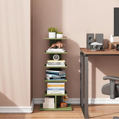 TUTOTAK Bookshelf, 6-Tier Bookcase, Narrow Spine Book Shelf for Small Space, Corner Standing Shelf for Living Room, Office, Study, Entryway, Olive Green BS06BOG016