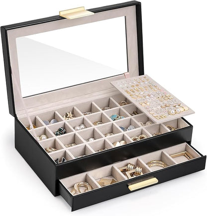 Lolalet Earring Storage Box Case with Glass Top, Large Earring Jewelry Holder Organizer Display with Drawer and Grid, Gift for Girls Women -2 Tiers, Black