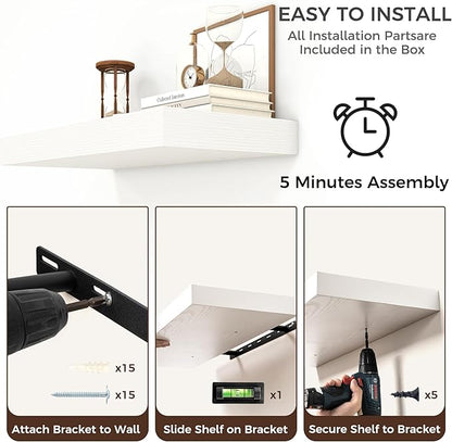 Floating Shelves for Wall, 24 Inch Wide x 12 Inch Deep Floating Shelves, Long Wood Floating Wall Shelf Shelves for Living Room Bathroom Bedroom Kitchen Home - (White, 24" W x 12" D x 2" H)