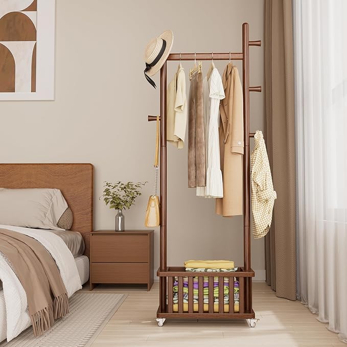 Solid Wood Coat Rack Clothes Rack, Coat Rack Freestanding with Storage Basket and 5 Hooks, Heavy Duty Coat Tree for Entryway, Living room, Coat Hanger Stand for Hats, Bags Clothes