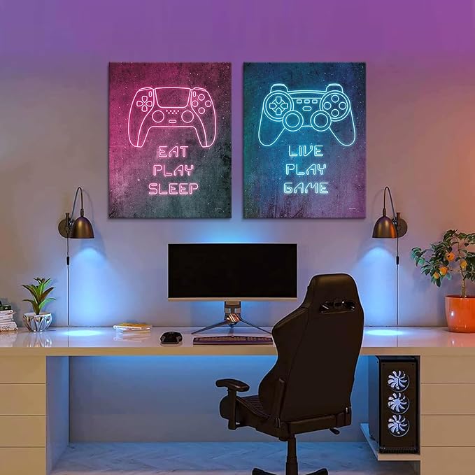 7CANVAS Game Room Wall Decor Neno Gaming Art Gamepad Canvas Pictures Cool Video Game Painting Gamer Pictures Wall Decor for Boys Teen Men Bedroom Dorm Playroom 12x16Inchx2pcs