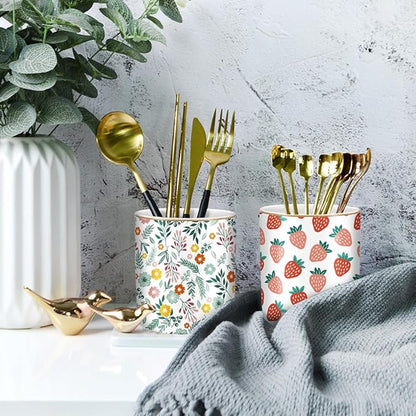 WAVEYU Desk Pen and Pencil Holder, Ceramic Multifunctional Organizer for Home, Office, and School, Green Floral Pattern