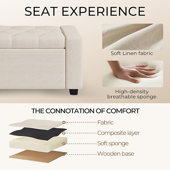 Ottoman with Storage Bench,Large Storage Ottoman Entryway Benches Ottoman Bench with Cushion and Safety Hinge