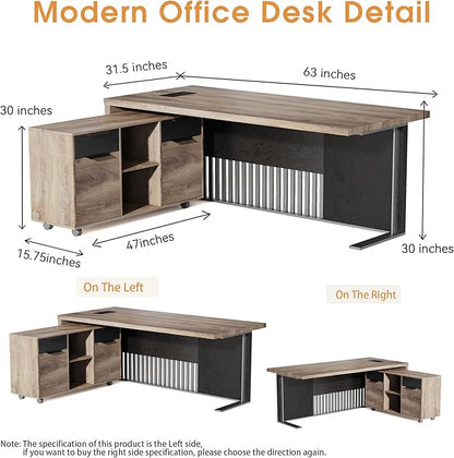 SAINTCY 63 Inch L Shaped Executive Desk with Drawers, Modern Computer Writing Desk with File Cabinet, Business Furniture W/Stand Under Storage Organizer with Wheels,1.97IN Thick Desktop