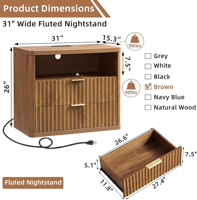 LEYAOYAO 31" Wide Fluted Nightstand with Charging Station, Oversized Extra Large 2 Drawers Night Stand,Brown Wood Bedside Table,Tall Bed Side End Tables,Modern Chest of Drawers Dressers for Bedroom