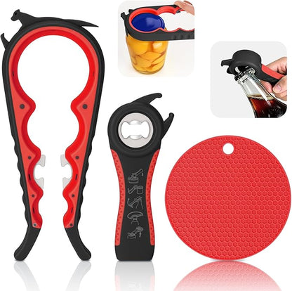 Jar Opener Set - 6-in-1 Adjustable Jar Opener Can Opener, 4-in-1 Bottle Opener Lid Opener & Rubber Jar Gripper, Multifunctional Kitchen Gadget for Seniors, Arthritis, Weak Hands (Red&Black)
