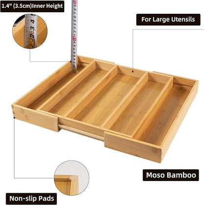 Utoplike Drawer Organizer Kitchen Utensils, Expandable Bamboo Cutlery Tray | Extendable Silverware Holder for Drawer, Flatware Caddy for Organized Kitchen, Apartment and RV, 3-5 Slots