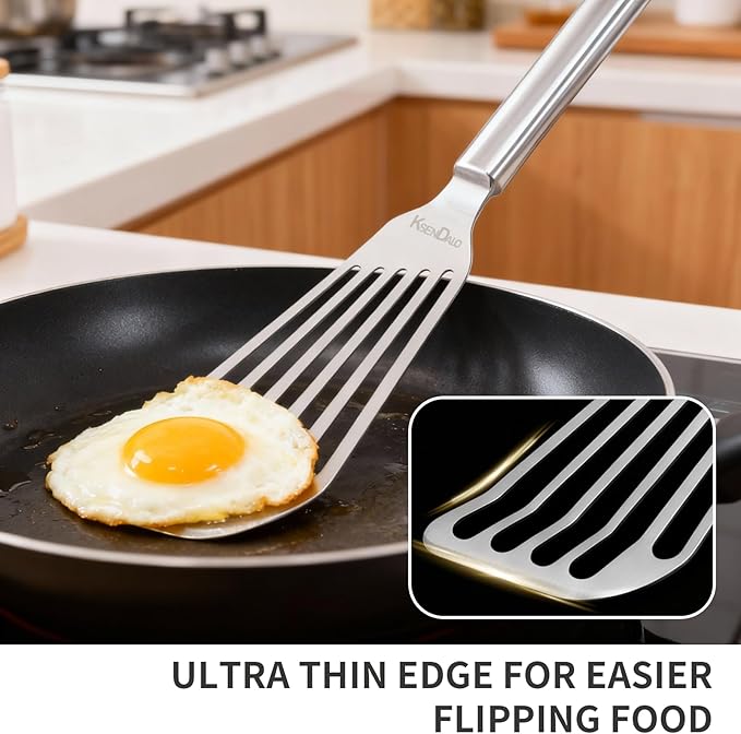 KSENDALO Flexible Fish Spatula Stainless Steel, One-Piece Slotted Metal Turner Flipper for Eggs & Cooking, Dishwasher Safe, Silver