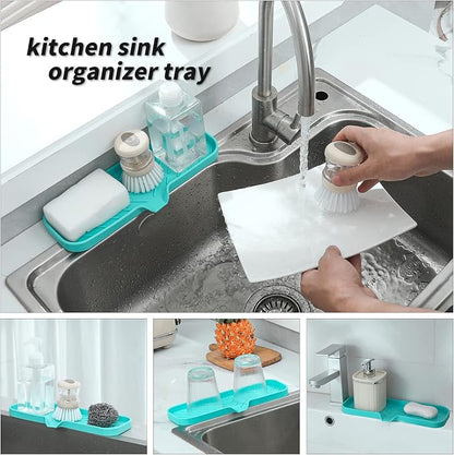 MicoYang Silicone Soap Dish with Drain Spout — Self-Draining Double Sink Organizer Tray for Kitchen & Bathroom, Dispensers, Sponges & Soap Holder, Non-Slip & Dishwasher Safe, Mint (Large, 12"×4")