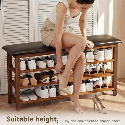 Shoe Bench with Leather Cushion,Wood Bench with Shoe Rack,3-Tier Shoe Storage Organizer for Entryway,Hallway,Living Room (Brown, 3-Tier-47.3")