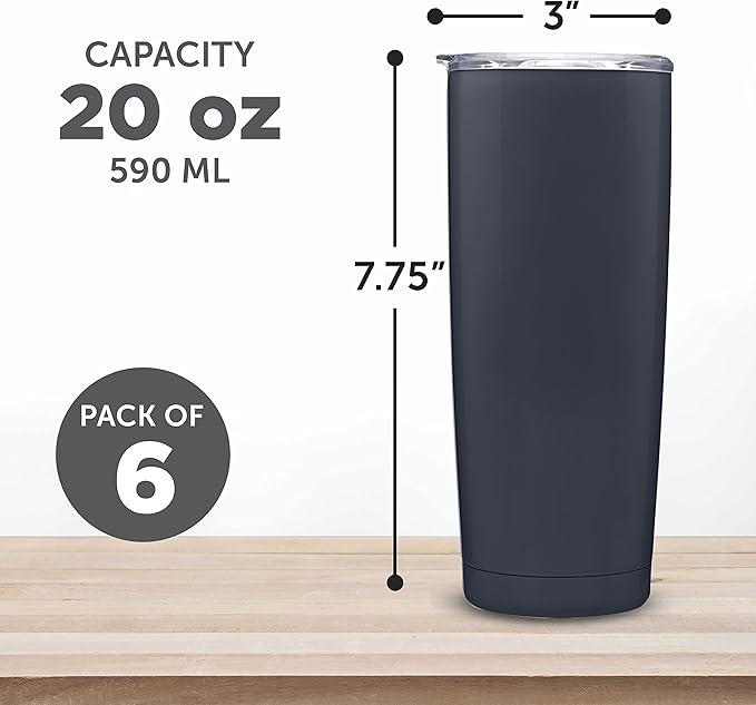 DISCOUNT PROMOS Pipette Stainless Steel Coffee Tumblers 20 oz. Set of 6, Bulk Pack - Double Wall, Perfect for Coffee, Hot Cocoa, Other Hot & Cold Beverages - Charcoal