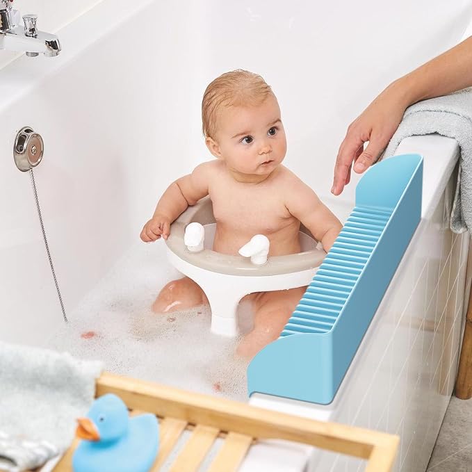 Roslim Bathtub Splash Guard for Tub - Silicone Water Splash Guard with 4 Suction Cups, Bath Toy Holder, Bathtub Play Shelf for Bathing, Bathtub Side Suction Tray, 1Pack, Blue