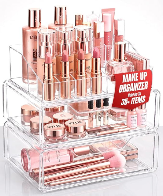 Masirs Clear Acrylic Makeup Organizer with Drawers – Cosmetic Vanity Storage for Skincare, Hair Accessories, Jewelry, Perfume – Durable Countertop Bathroom Organizer