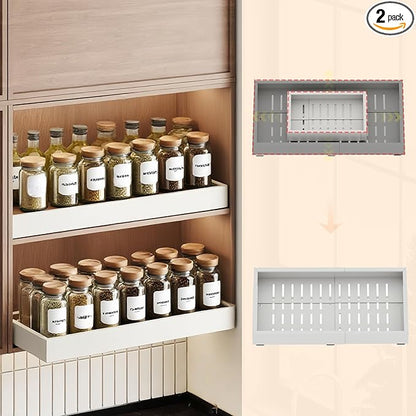 2Pc Pull out Cabinet Organizer,Width (18"-25") and Depth (10"-13") Expandable,No Drill Adjustable Slide out Drawers for Pantry,Adhesive Roll out Shelves Short,for upper cabinet,White