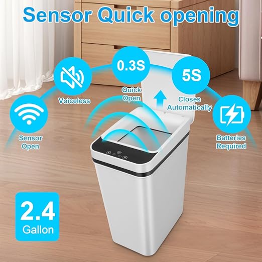 2 Pack Bathroom Trash can,Smart Touchless Trash Can,Automatic Motion Sensor Trash Bin with Lid,2.4 Gallon Garbage Can, Kitchen, Bathroom, Office, Bedroom Trash can (White+White)