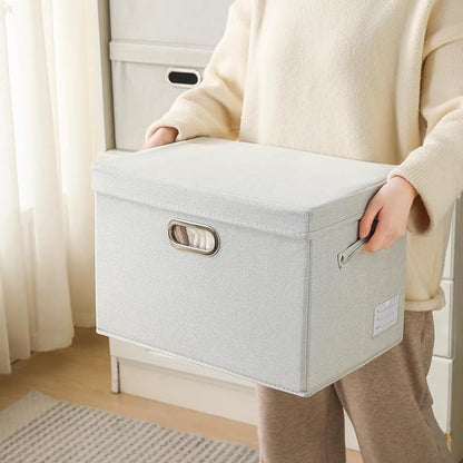 PRANDOM Large Collapsible Storage Containers with Lids [5-Pack] Fabric Foldable Storage Bins Boxes Organizer Baskets Cube with Cover for Home Bedroom Closet Office Beige(17.3x11.8x11.8)