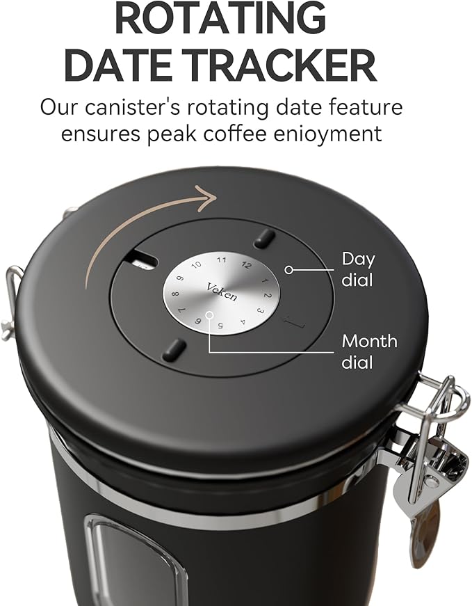 Veken Coffee Canister with Window, Family Choice Awards Winner, Airtight Stainless Steel Home Kitchen Food Storage Container with Lids for Grounds, Beans, Tea, Flour,Cereal,Sugar Jars,Scoop,16OZ,Black