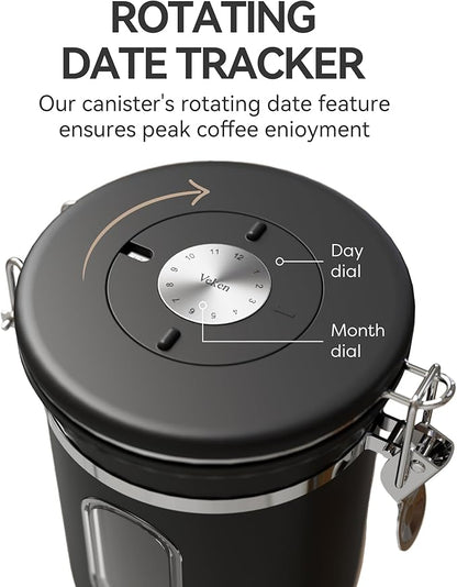 Veken Coffee Canister with Window, Family Choice Awards Winner, Airtight Stainless Steel Home Kitchen Food Storage Container with Lids for Grounds, Beans, Tea, Flour,Cereal,Sugar Jars,Scoop,16OZ,Black