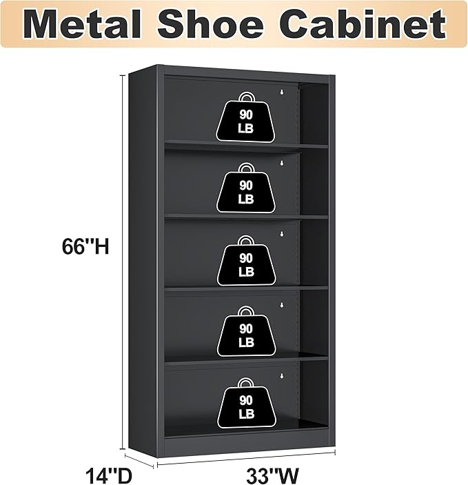 5-Space Heavy Duty Steel Shoe Rack, 4-Tier Adjustable Shoe Shelf with Back Panel, 66" Tall Open Shoe Organizer for Entryway, Closet, Apartment - Sturdy Metal Shoe Storage (Black, 5 Tier-66"H*33W)