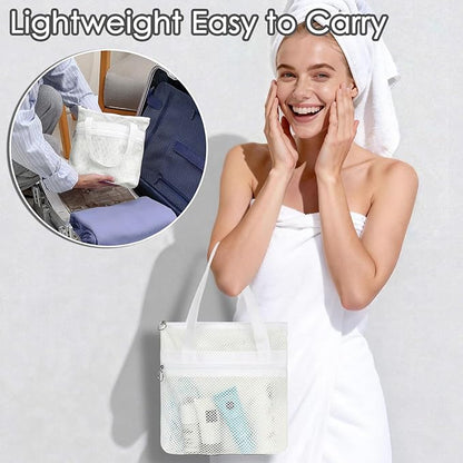 GYEUKHAM Portable Mesh Shower Caddy with 2 Zipper Pockets & Dual Handles, Quick-Drying Hanging Shower Tote for College Dorm, Gym, Travel & Camping, White
