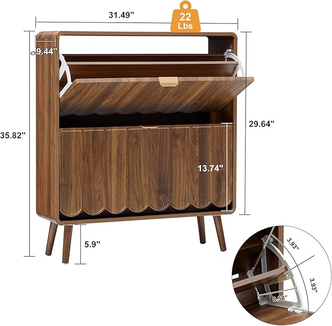 ORRD Shoe Storage Cabinet for Entryway with 2 Flip Drawers Set of 2, Freestanding Narrow Wood Shoe Cabinet with Wave Panel, Hidden Shoe Organizer for Foyer, Hallway (Walnut)