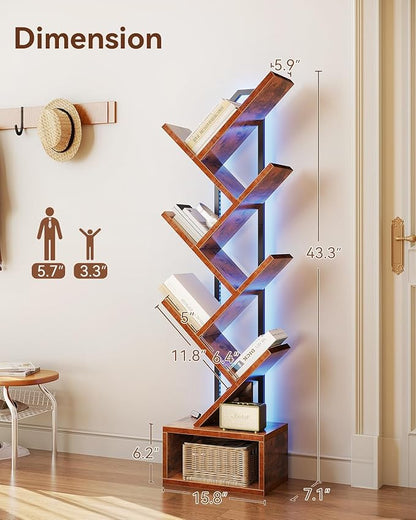 Casaottima Tree Bookshelf with LED Lights, 6-Tier Narrow Bookcase for Small Spaces, Tall Steel & Wood Storage Shelf with Cabinet, Home Decor & Organizer for Living Room/Bedroom/Home Office, Vintage