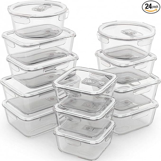 Razab 24 Pc Airtight Glass Food Storage Containers - Glass Meal Prep Containers - Freezer to Oven Safe - Steam Release Valve BPA Free - Airtight Bento Boxes - Leak Proof (12 lids & 12 Containers)