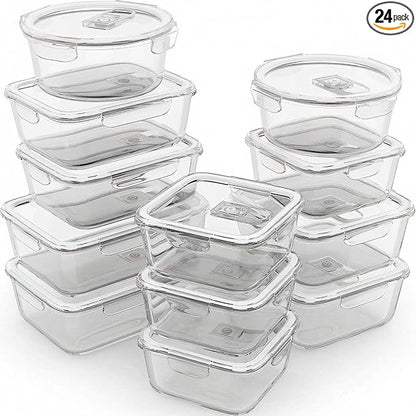 Razab 24 Pc Airtight Glass Food Storage Containers - Glass Meal Prep Containers - Freezer to Oven Safe - Steam Release Valve BPA Free - Airtight Bento Boxes - Leak Proof (12 lids & 12 Containers)