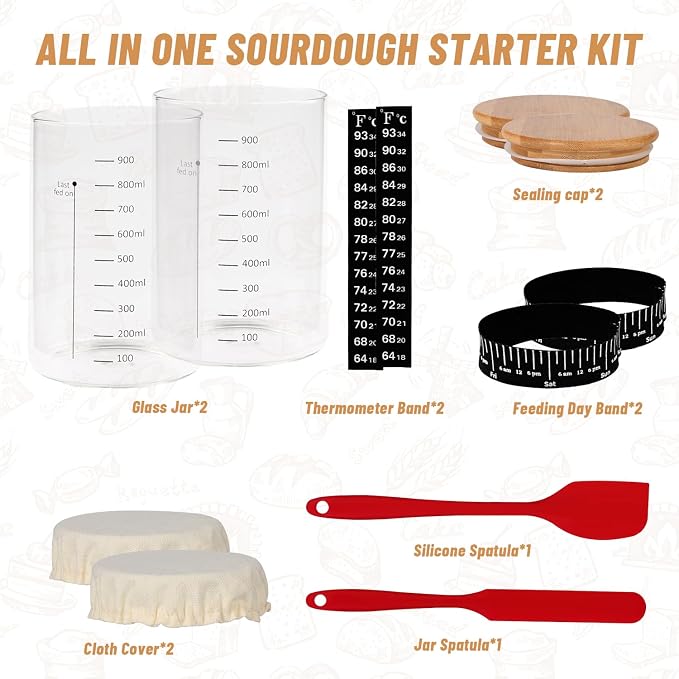 Xileanalee Pro Sourdough Starter Jar Kit 2 Packs-35 Oz Sourdough Bread Starter Jar Kit with Date Marked Feeding Band,Thermometer,Spatula,Cloth Cover& Lid for Sour Dough Bread Loaf (2 Pcs)