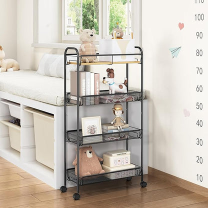 TOOLF 4-Tier Slim Rolling Cart, Metal Utility Cart, Slide Out Storage Cart with Wooden Tabletop and Mesh Baskets for Narrow Space on Kitchen Bathroom Laundry Room Bedroom Apartments Dormitory