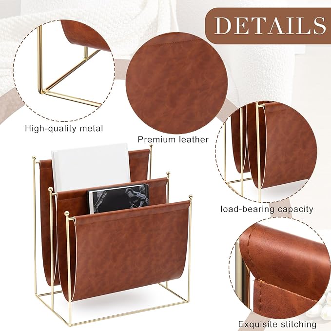 Domensi 2 Tier Leather Magazine Rack, 16 x 14 Inch Floor Standing Magazine Holder, Metal Wire Newspaper Organizer for Home Office, Living Room, Decorative Book Storage Rack for Books, Newspapers