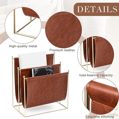 Domensi 2 Tier Leather Magazine Rack, 16 x 14 Inch Floor Standing Magazine Holder, Metal Wire Newspaper Organizer for Home Office, Living Room, Decorative Book Storage Rack for Books, Newspapers