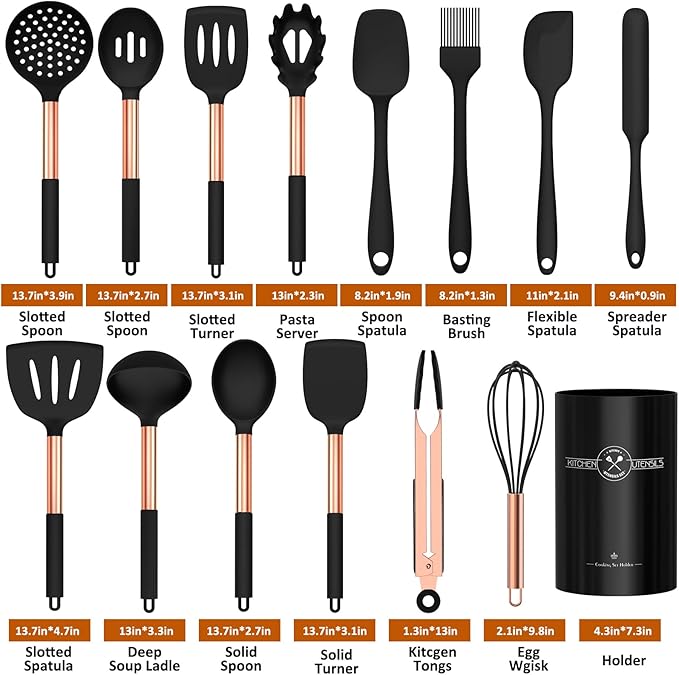 Silicone Cooking Utensil Set, Umite Chef Kitchen Utensils 15pcs Cooking Utensils Set Non-stick Silicone Rose Gold Handle Cooking Tools Whisk Kitchen Tools Set - Balck