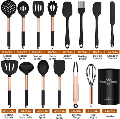 Silicone Cooking Utensil Set, Umite Chef Kitchen Utensils 15pcs Cooking Utensils Set Non-stick Silicone Rose Gold Handle Cooking Tools Whisk Kitchen Tools Set - Balck