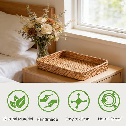 Wicker Storage Basket, Rattan Tray Rectangular for Bathroom Living Room, Decorative Serving Woven Trays Wicker Baskets for Organizing, Woven Seagrass Tray for Storage Home Decor L(14.6" × 9.1")