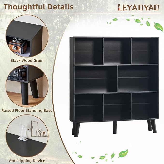 LEYAOYAO 8 Cube Bookshelf,3 Tier Bookcase with Legs,Black Mid-Century Modern Bookshelves,Large Open Storage Organizer Shelf, Wooden Book Case